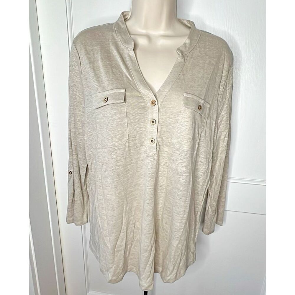 Willi Smith Linen Henley V-Neck Top Size Large